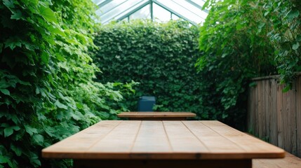 Fototapeta premium Lush greenery envelops wooden tables in serene, inviting indoor