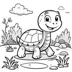 Smiling Baby Turtle Near a Pond – Kids’ Coloring Page, Cute Turtle Coloring Page for  Coloring  book, 
Fun Turtle Sketch for Kids, Simple Turtle Outline Drawing



