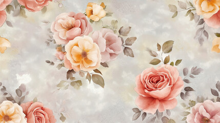 Seamless Floral Pattern of Watercolor Roses and Petals