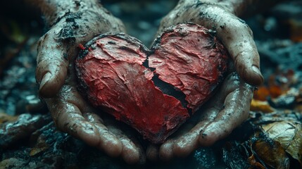 Muddy hands cradle a broken heart, symbolizing love and healing
