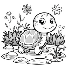 Smiling Baby Turtle Walking Near Pond - Simple and Fun Coloring Page for Kids, Baby Turtle Coloring Page, Fun Turtle Drawing for Kids, Simple Turtle Outline for Kids
