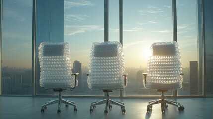 empty office chairs wrapped in bubble wrap