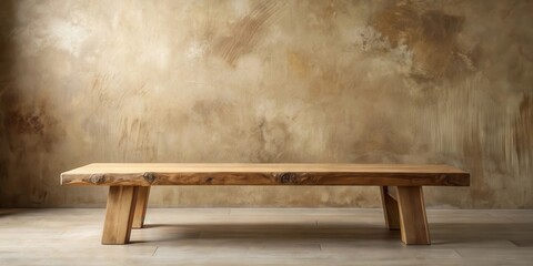 Rustic wooden coffee table against a textured wall, showcasing simple elegance and natural beauty for interior design inspiration