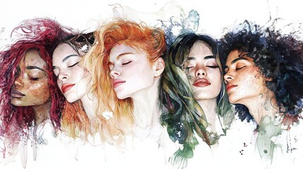 Five women, each with unique hairstyles and cultural features