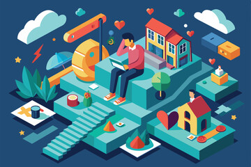 Fototapeta premium A person engages with digital tools in a vibrant landscape, exploring options for PTSD management, Post-traumatic stress disorder Customizable Isometric Illustration
