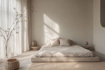 Soft and minimalistic bedroom featuring natural light and neutral tones in a serene, stylish space