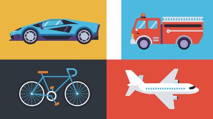 Naklejka premium Vector Icon Set of Cars, Fire Truck, Bicycle, and Airplane for Transportation Graphics, Travel Designs, and Creative Projects