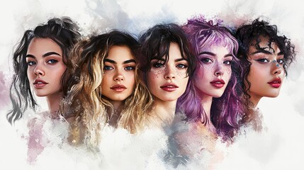Five women, each with unique hairstyles and expressions