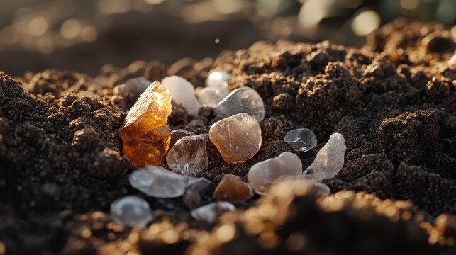 A close-up of unprocessed topaz and citrine gems in a dirt pile.