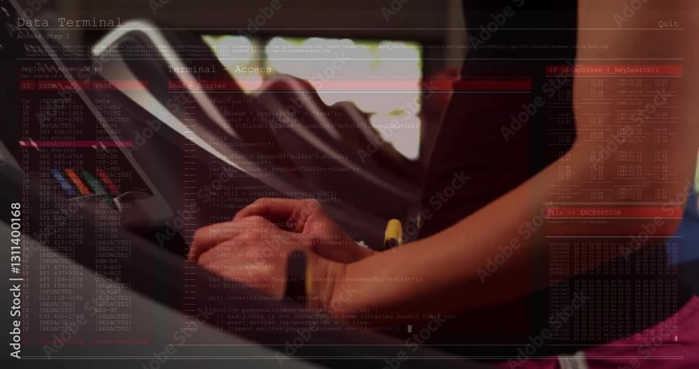 Aufkleber hands typing on keyboard with data terminal access overlay animation