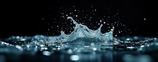 Dynamic water splash, droplets scattering on pure black , element, dark background, nature