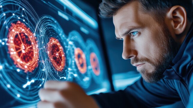 Man With Intense Focus On Digital Red Interface Display