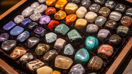 A collection of polished gemstones displayed in a velvet-lined market tray.