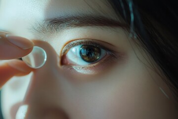 Woman Applying Contact Lens Closeup Eye Beauty Soft Light iris skin face girl care gaze look brown  