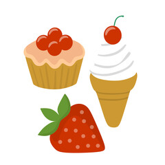 vector illustration of ice cream, strawberry and cake. Food Vector