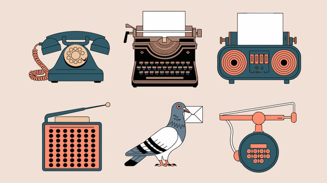 Vintage Communication Icons Vector Set: Retro Telephone, Typewriter, Radio, Pigeon Mail, and More for Graphic Design and Marketing Projects