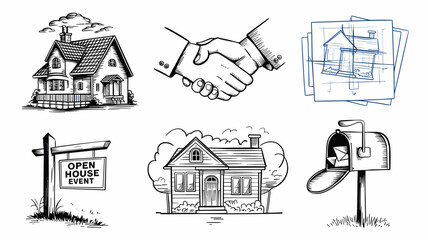 Real Estate Vector Icon Set for Open House Events, Home Buying, and Property Marketing - House, Handshake, Blueprints, and Mailbox Designs