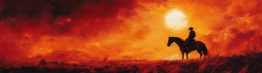 Rider silhouettes against a vibrant sunset.