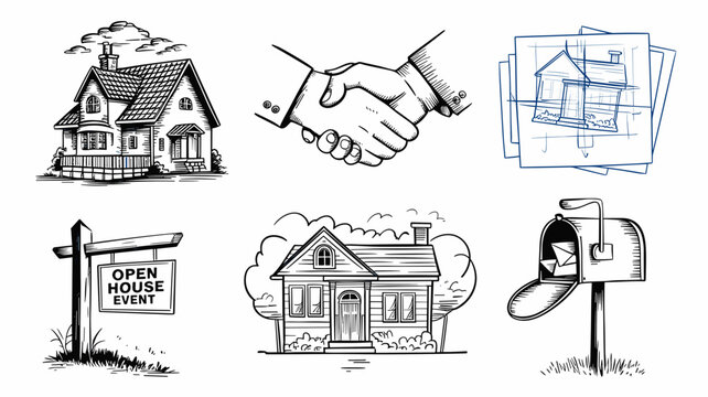 Real Estate Vector Icon Set for Open House Events, Home Buying, and Property Marketing - House, Handshake, Blueprints, and Mailbox Designs