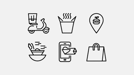 Vector Icon Set for Food Delivery, Takeout, and Online Ordering - Stylish Line Art Icons for Restaurants, Delivery Services, and Mobile Apps