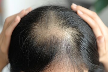 Female Hair Loss Thinning Crown Top View Closeup Image head woman scalp black photo health stress   
