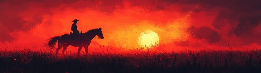 Fototapeta premium Silhouette of cowboy riding horse at sunset.