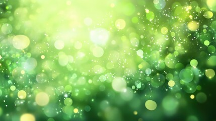 Abstract green bokeh background, glowing circles and sparkles. Perfect for spring, nature, or eco themes, adds vibrant, joyful feel to designs.