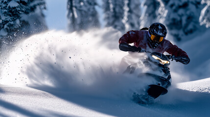 Snowmobiler carving a sharp turn, snow spraying-1