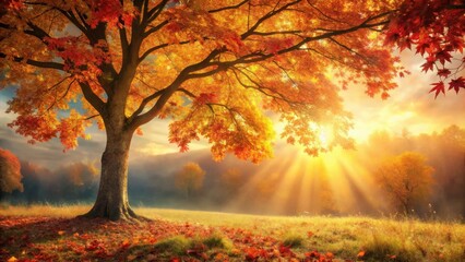 Fototapeta premium Autumnal Radiance Majestic Tree Bathed in Golden Sunlight, Serene Landscape with Fallen Leaves