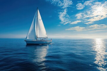 Fototapeta premium White sailboat cruising on blue water on a sunny day