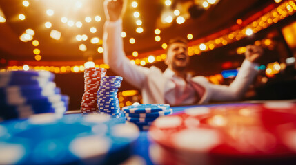Happy excited man sitting at table with chips in a casino and winning in roulette raising his hands up. Lucky, Jackpot, winner. gambler celebrating his win of Jackpot in casino. Fortune