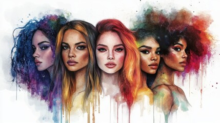 Five women, each with unique hairstyles and skin tones