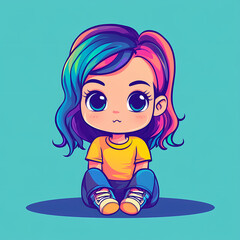 Naklejka premium Cute animated girl with colorful hair sitting against a bright background Generative AI