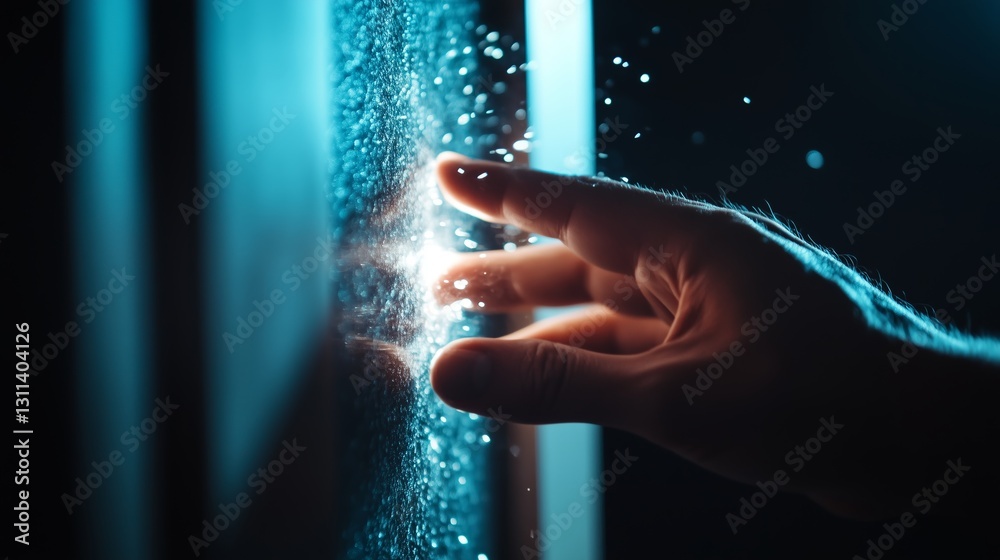 Poster touching a luminous surface at night while creating a mesmerizing display of light and particles
