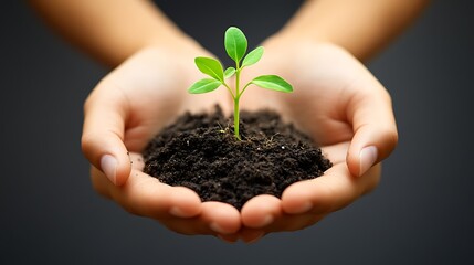 Hands Gently Holding a Young Plant Sprout Emerging from Dark Soil