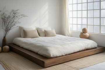 Soft and minimalistic bedroom featuring natural light and neutral tones in a serene, stylish space