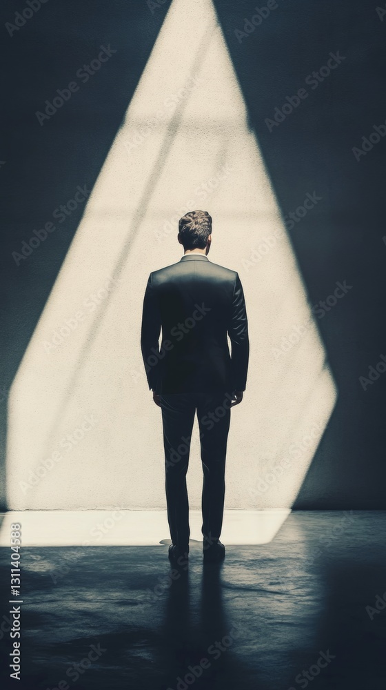 Canvas Prints a man in a suit is standing in a room with a large window