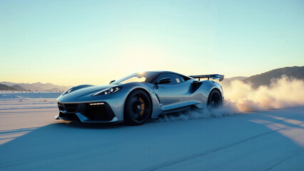 Obraz premium Racing a sports car through snowy mountains under a clear blue sky