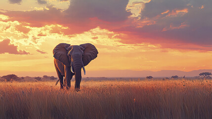 Elephant walking through savanna at sunset with dramatic sky