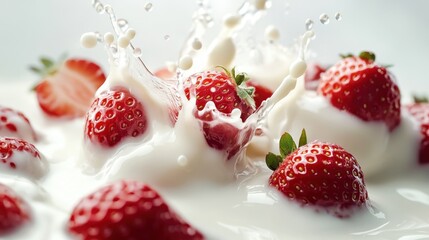 A creamy ocean of milk with strawberries splashing into it, creating a dramatic and artistic visual effect.