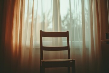 Soft light filters through sheer curtains, casting gentle shadow