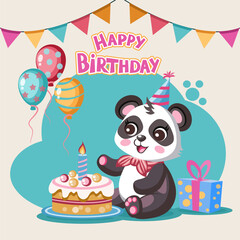 children's birthday card with cute panda and cake