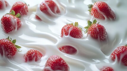 A mesmerizing shot of milk waves curling around floating strawberries, creating a dynamic liquid composition.