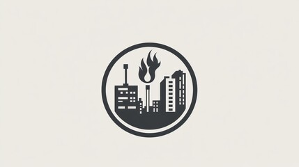 Industrial fire hazard symbol, city silhouette, safety precaution