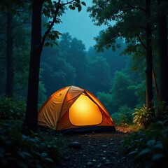 Gentle rain on canvas tent, lush tropical forest at night , sound, moon