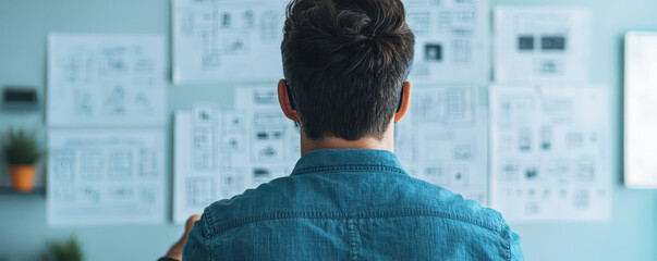 man in denim shirt examines storyboards on wall, making creative decisions