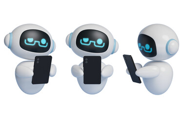 3D graphic of AI robot character looking at touchscreen