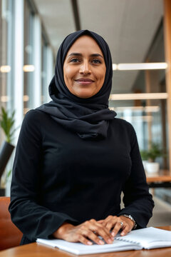 Cheerful Lebanese businesswoman working in office. Portrait of Middle Eastern business lady from Beirut, Lebanon wearing traditional hijab and formal outfit