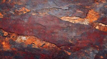 Textured rock surface displays rich hues of red orange and gray