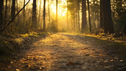 Fototapeta premium Golden sunlight illuminates a tranquil forest path, evoking peace and natural harmony